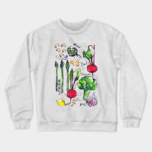 Eat your veggies! Food illustration sketches handdrawn and painted. Asparagus, lemon, beetroot, broccoli, artichoke, mushrooms, garlic Crewneck Sweatshirt